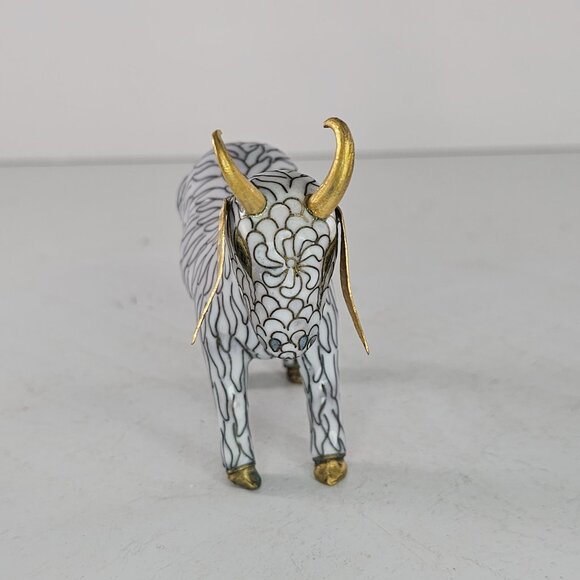 VIntage Cloisonne Enamel Copper Brass Standing Horned Goat Figurine White Gold - Picture 2 of 8